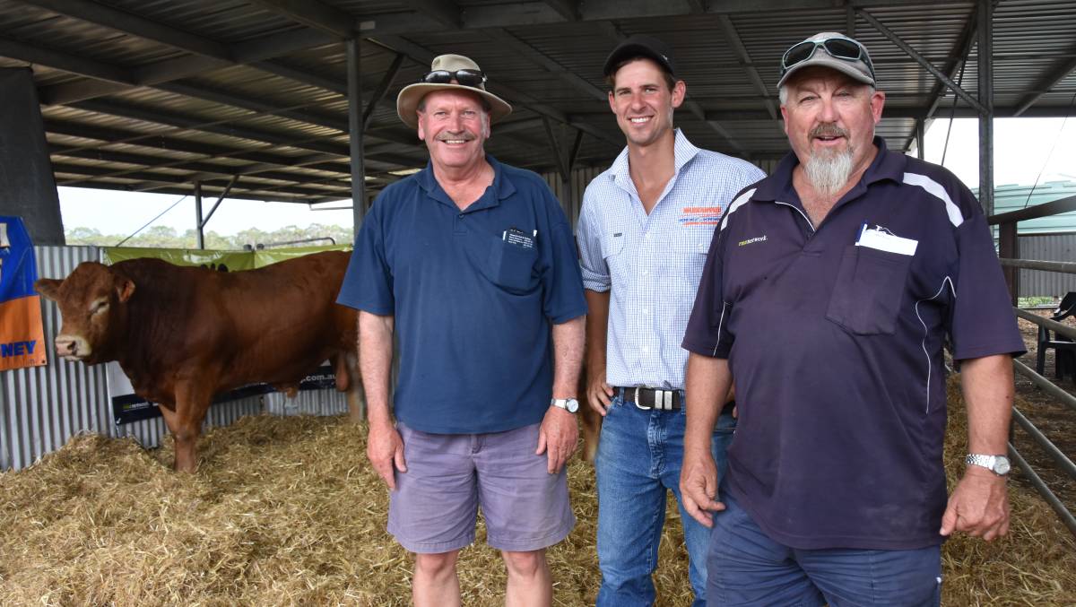 Buyer of the $10,500 top priced bull at Warrawindi's sale, Peter Coote, Mocorco, Kalangadoo, with Mason Galpin and TDC Penola's Steven Hill.